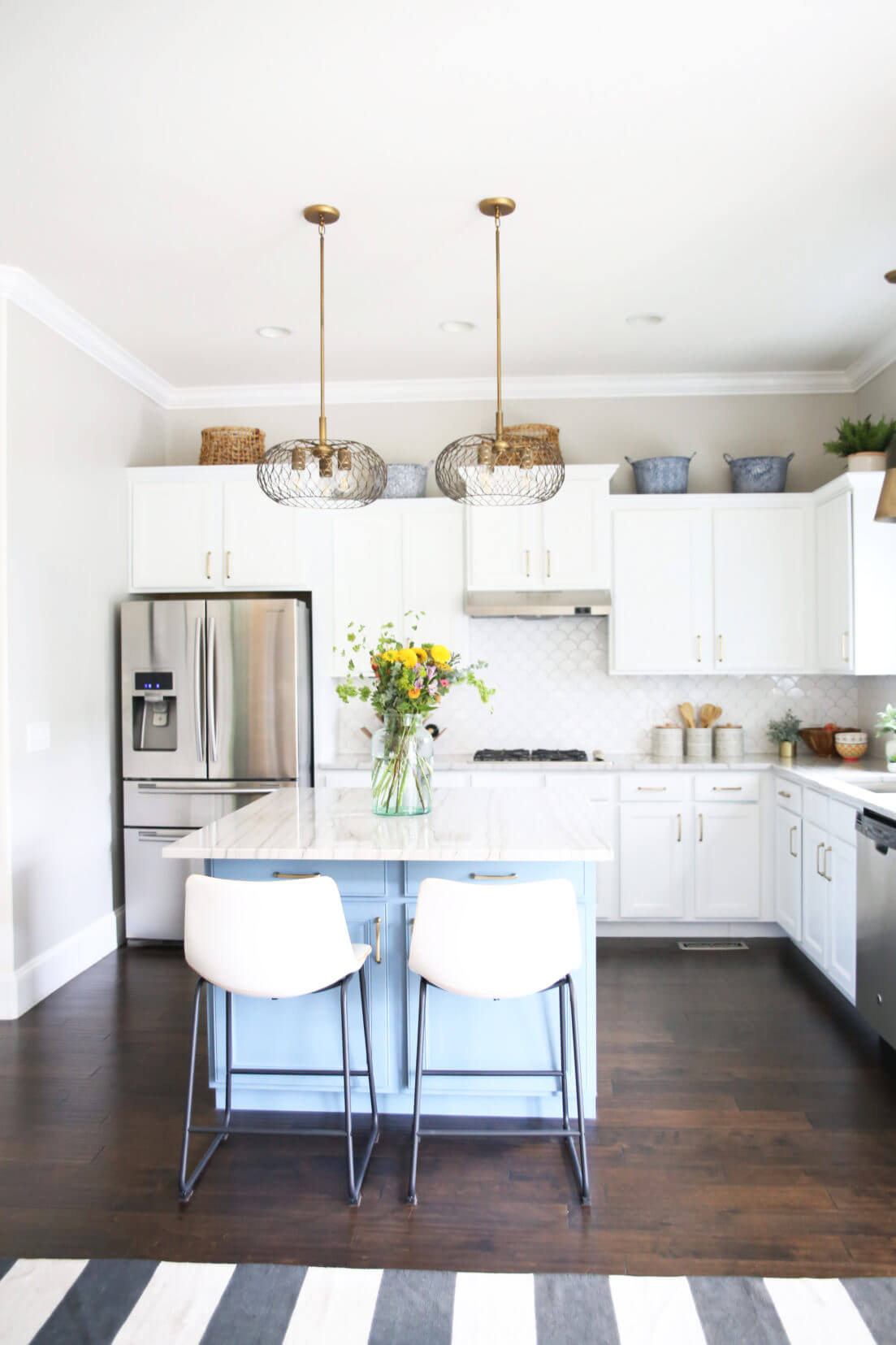 Kitchen Island Light Sea Blue with White Counter