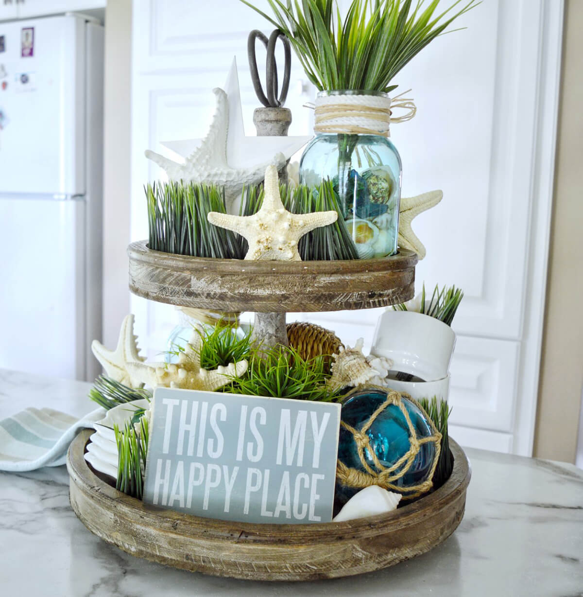 Tiered Tray for Pretty Storage and Home Organization with Happy Place Sign
