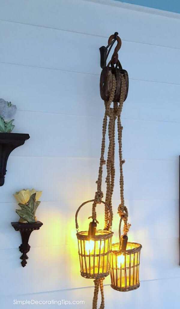Macrame Rope Pulley System Lights in Baskets