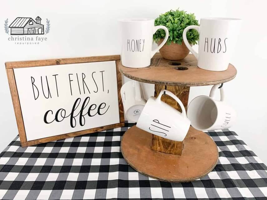 Spool Mug Tree with Coffee Sign