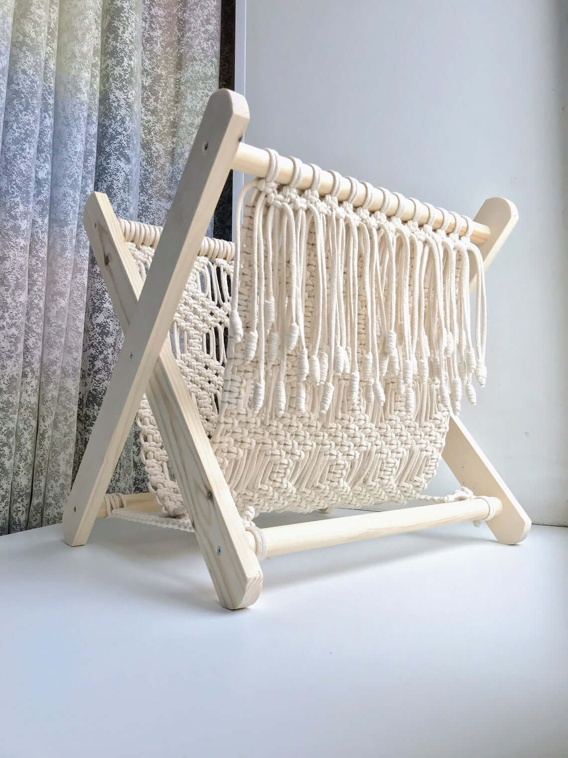 Timeless White Folding Macrame Magazine Rack