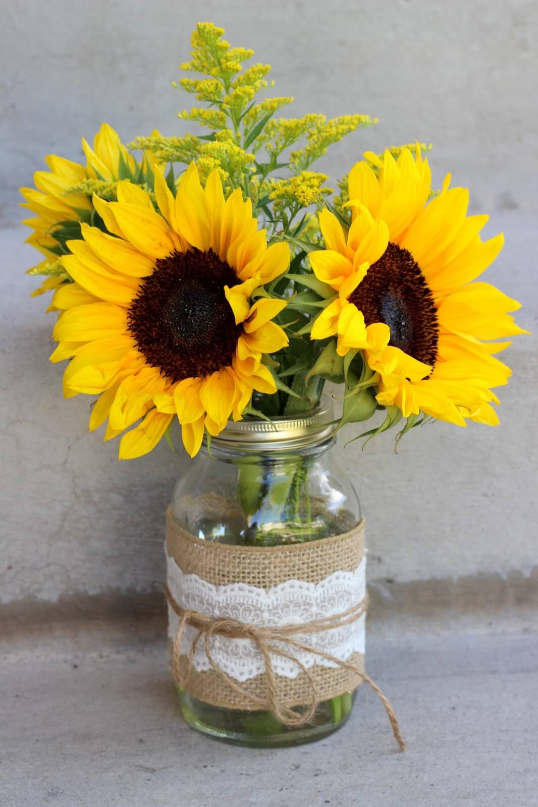 Burlap and Lace Sunflower Mason Jar Vase