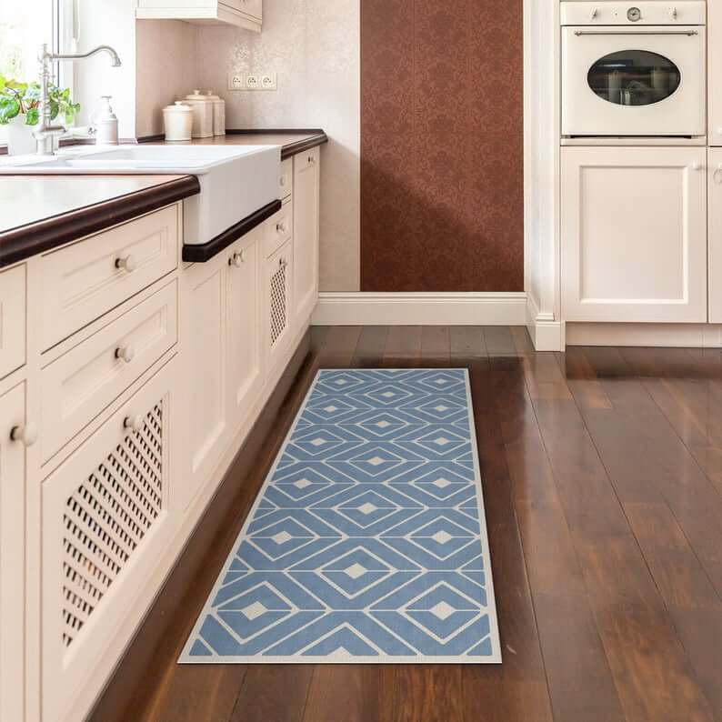 Rectangular Rug Runner Geometric Blue and White