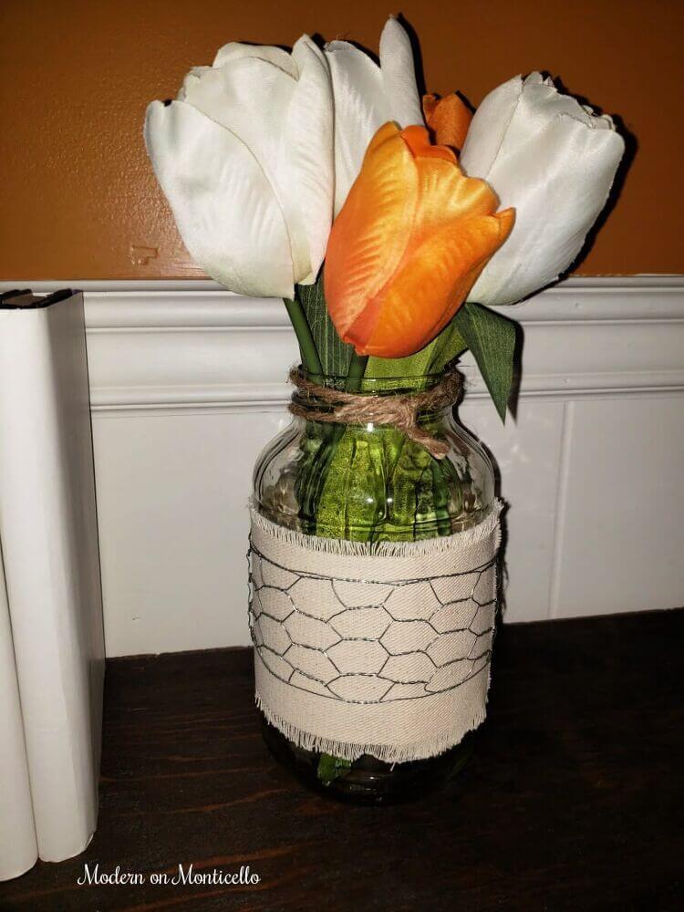 Chicken Wire and Ribbon Farmhouse Vase