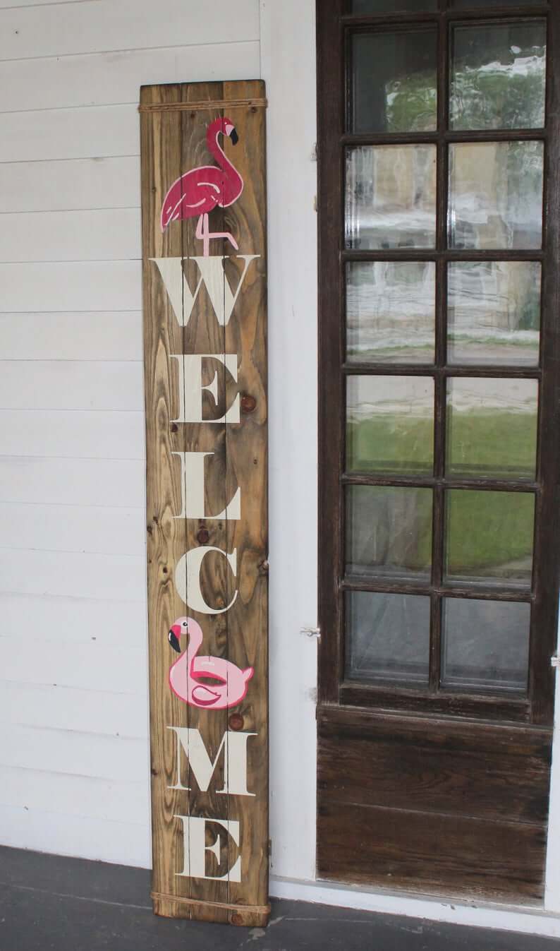 Hand-Painted Flamingo Wooden Welcome Sign