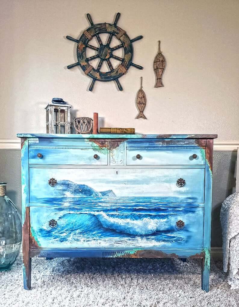 Hand Painted Coastal Landscape Waves Wooden Dresser