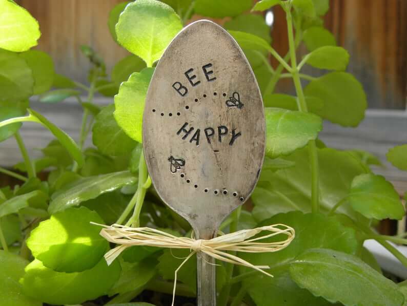 Engraved Bee Happy Metal Spoon Garden Sign