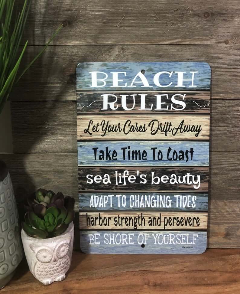 Beach Rules Brown and Blue Sign
