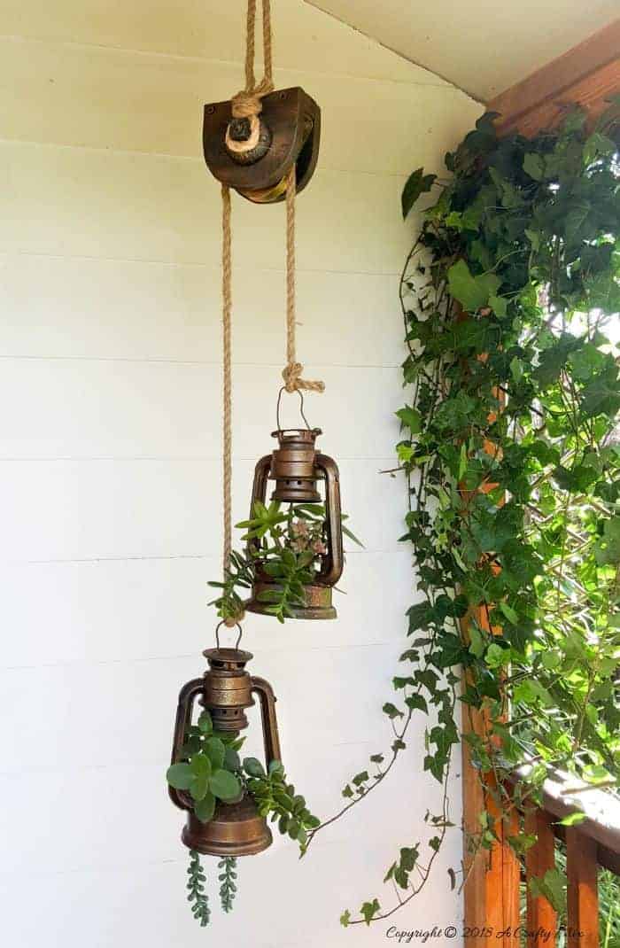 Antique Pulley Hanging Lantern Sweet Succulent Upcycled Holder