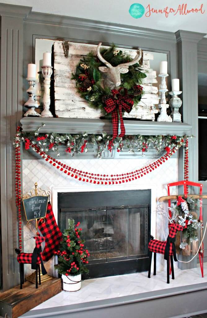 Red Plaid and Sparkling White Fireplace
