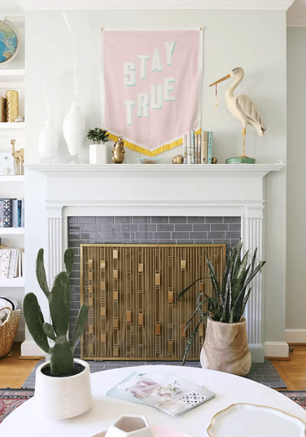 White, Pink, and a Modern Fireplace Screen