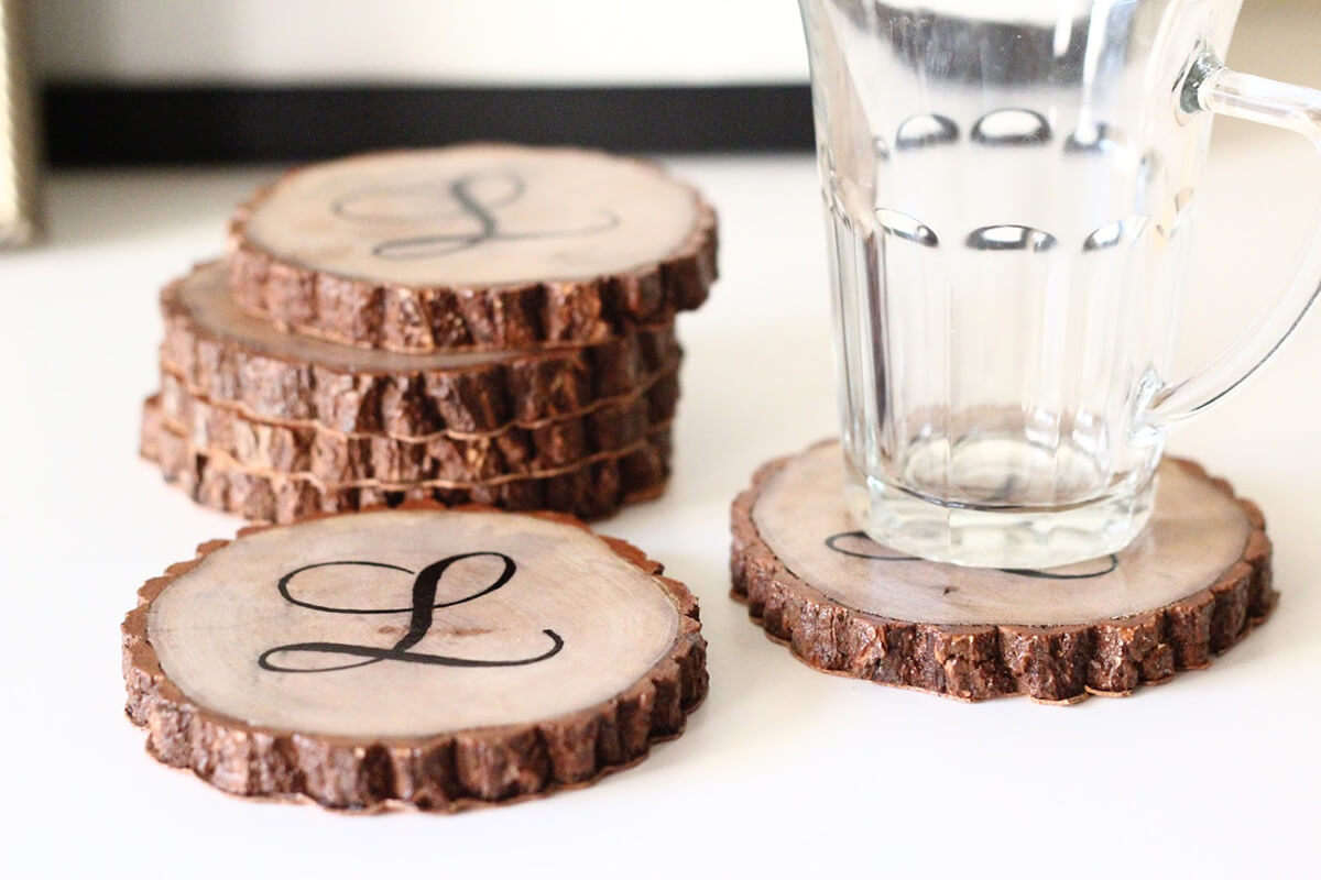 Monogrammed Stencil Wooden Sliced Coasters