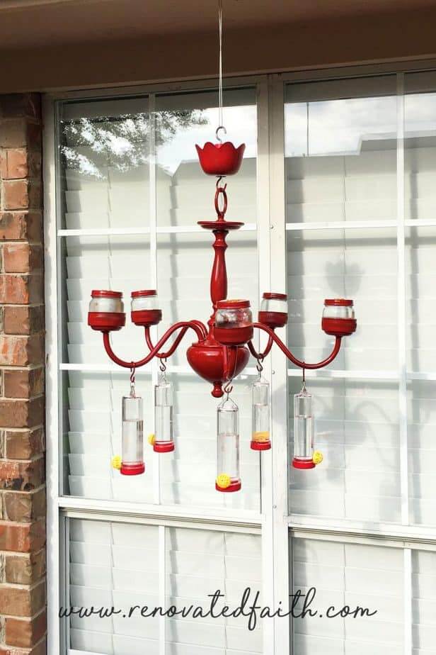 Red Hummingbird Feeder Chandelier Upcycling Idea