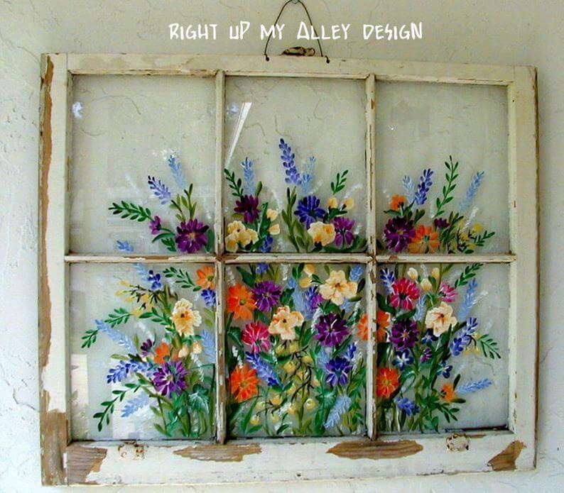 Beautifully Hand Painted Floral Window Wall Art