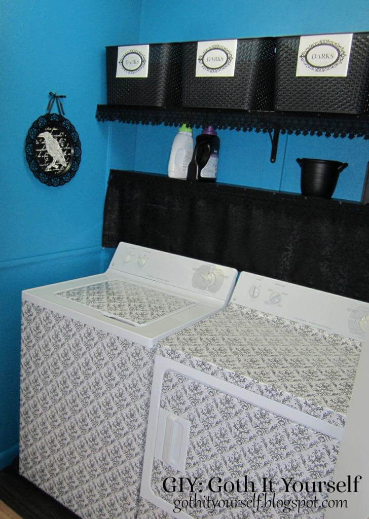 Dark and Moody Laundry Room with Damask Accents