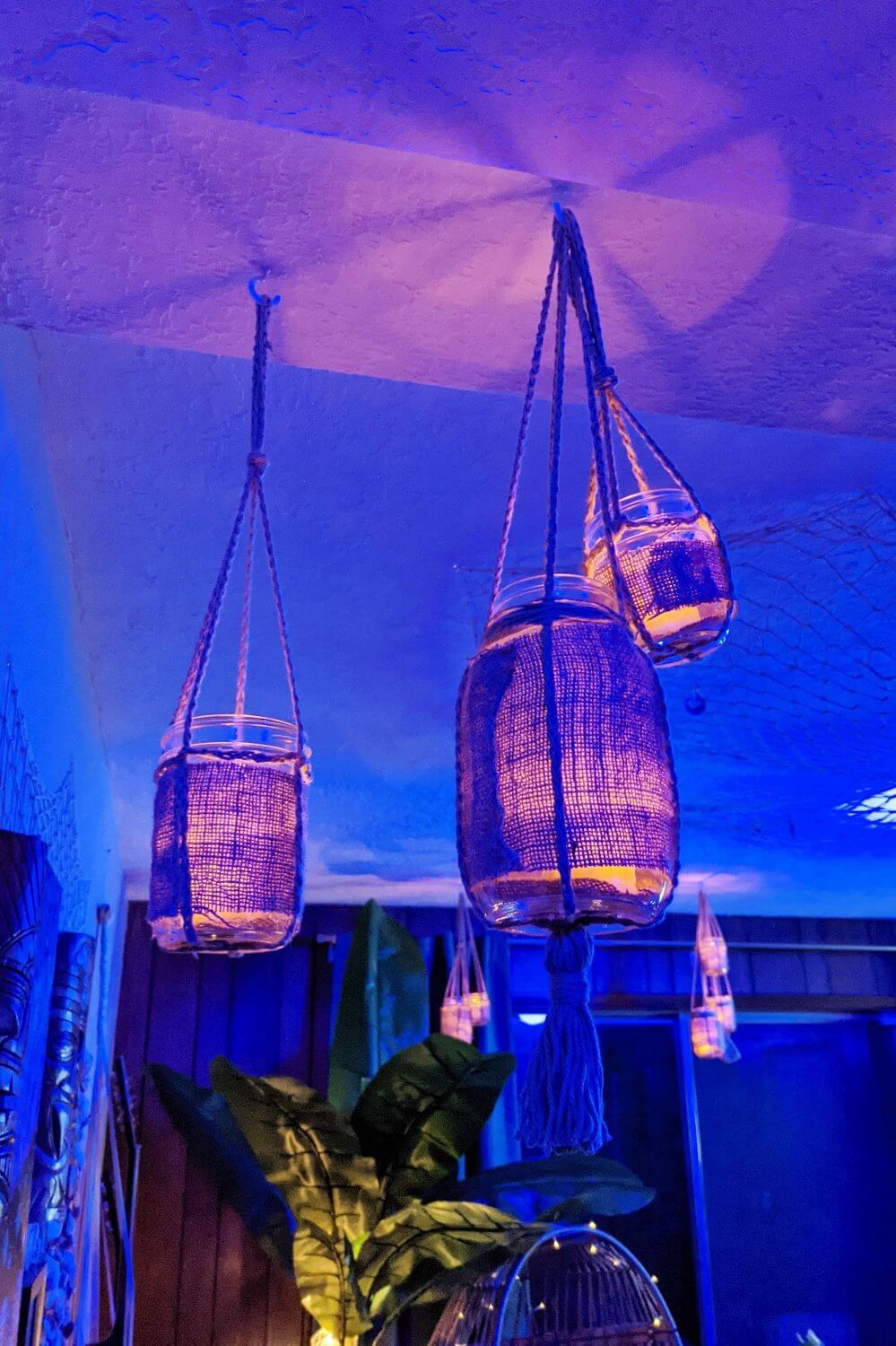 Overhead Hanging Glass Jar and Burlap Light