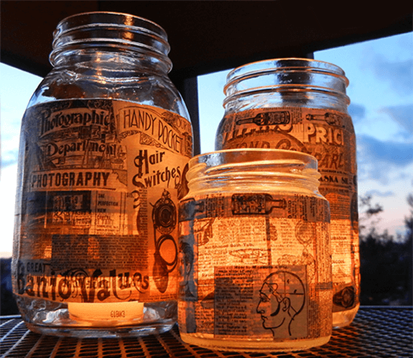 Newspaper Decoupage Glass Jar Outdoor Lighting