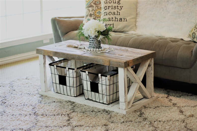 Rustic Farmhouse Coffee Table with Storage Bins