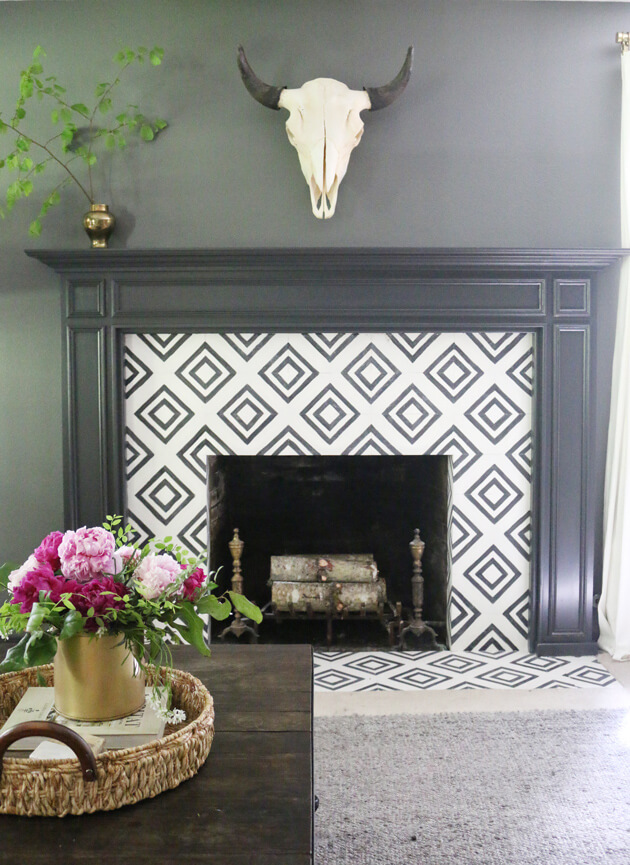 Black Mantel with Black and White Tile