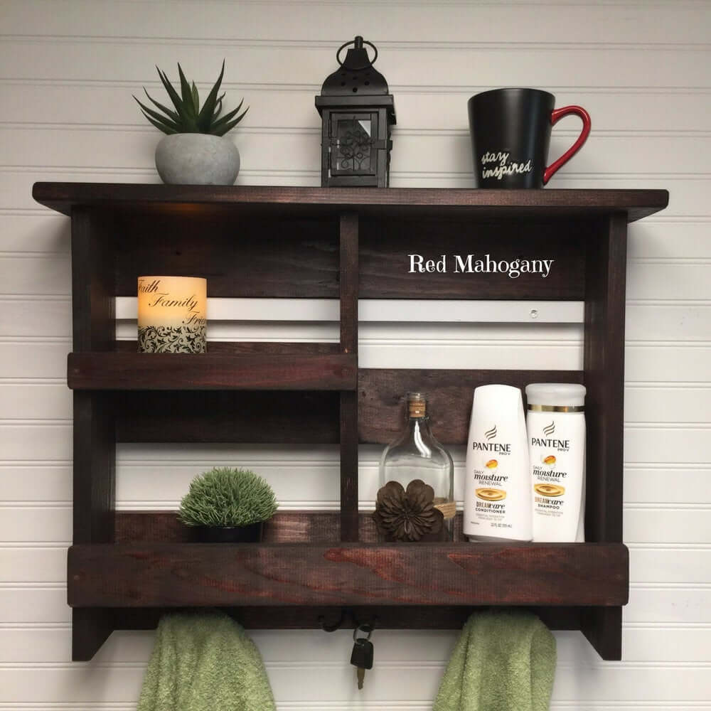 Rustic Pallet Style Bathroom Shelves with Hooks
