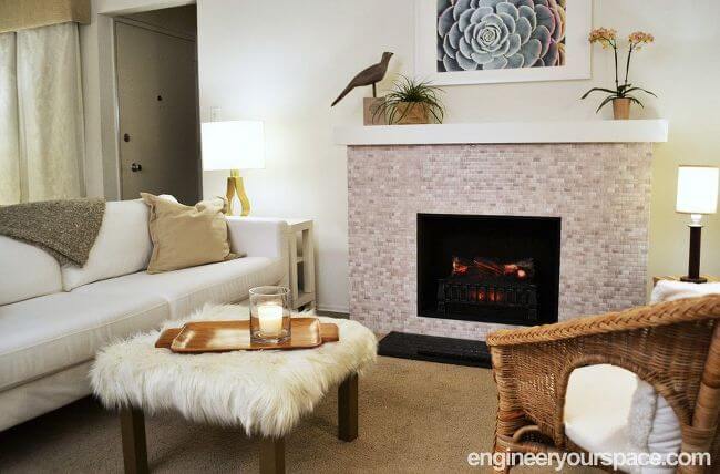 Beige and Gray Pebbled Neutral Tiled Fireplace