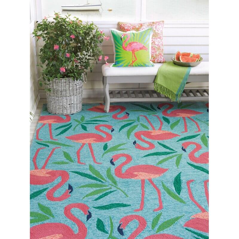 Turquoise, Green, and Plenty of Pink Flamingos Outdoor Rug