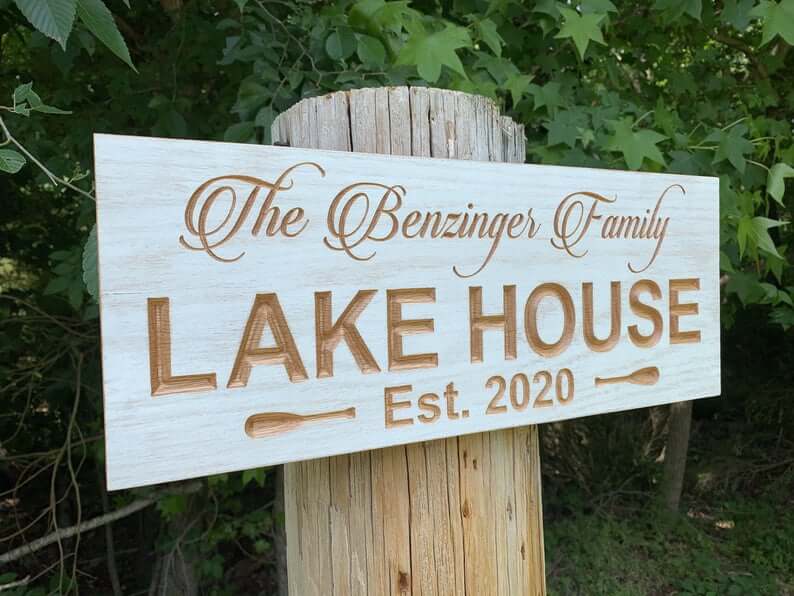 Elegantly Etched Custom Lake House Wooden Sign