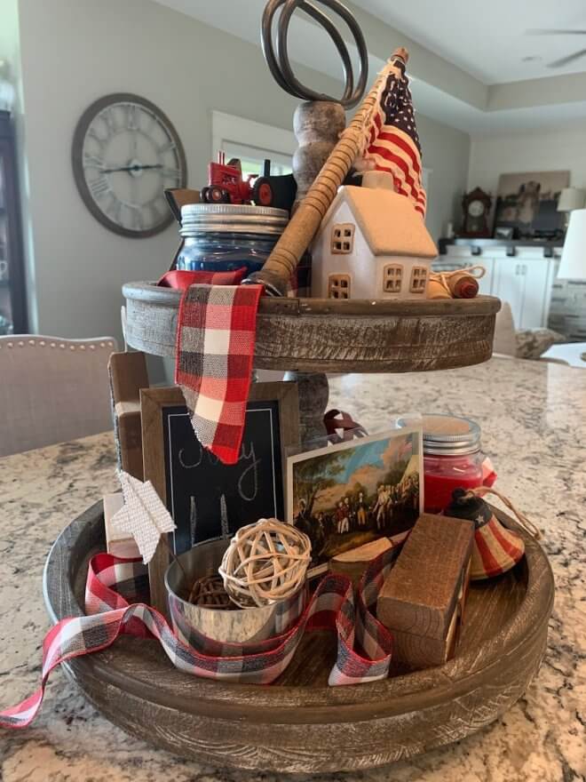 Patriotic Aged Wood Tiered Tray with Metal Handle