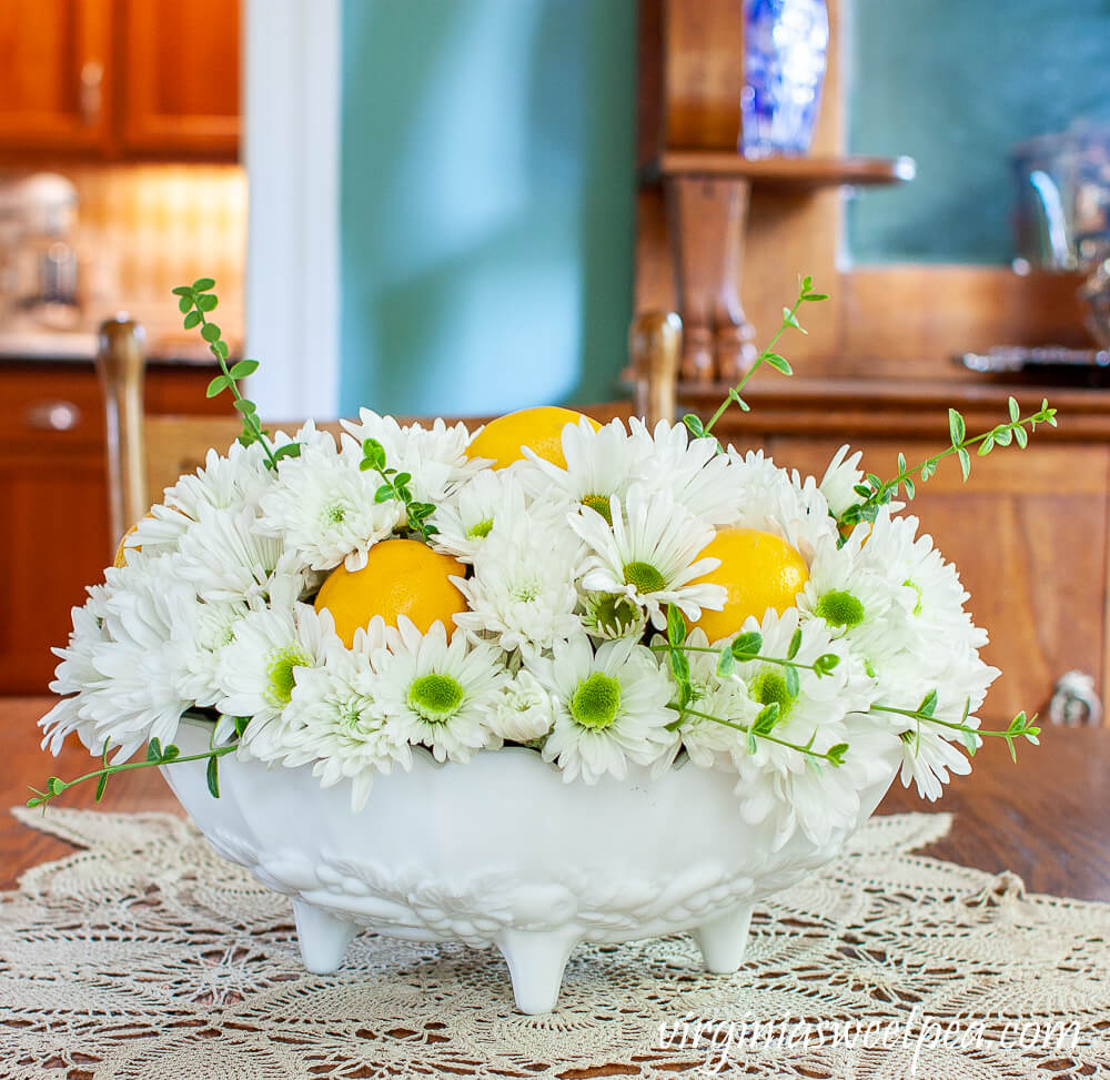 Milk Glass Chrysanthemum and Lemon Summer Centerpiece