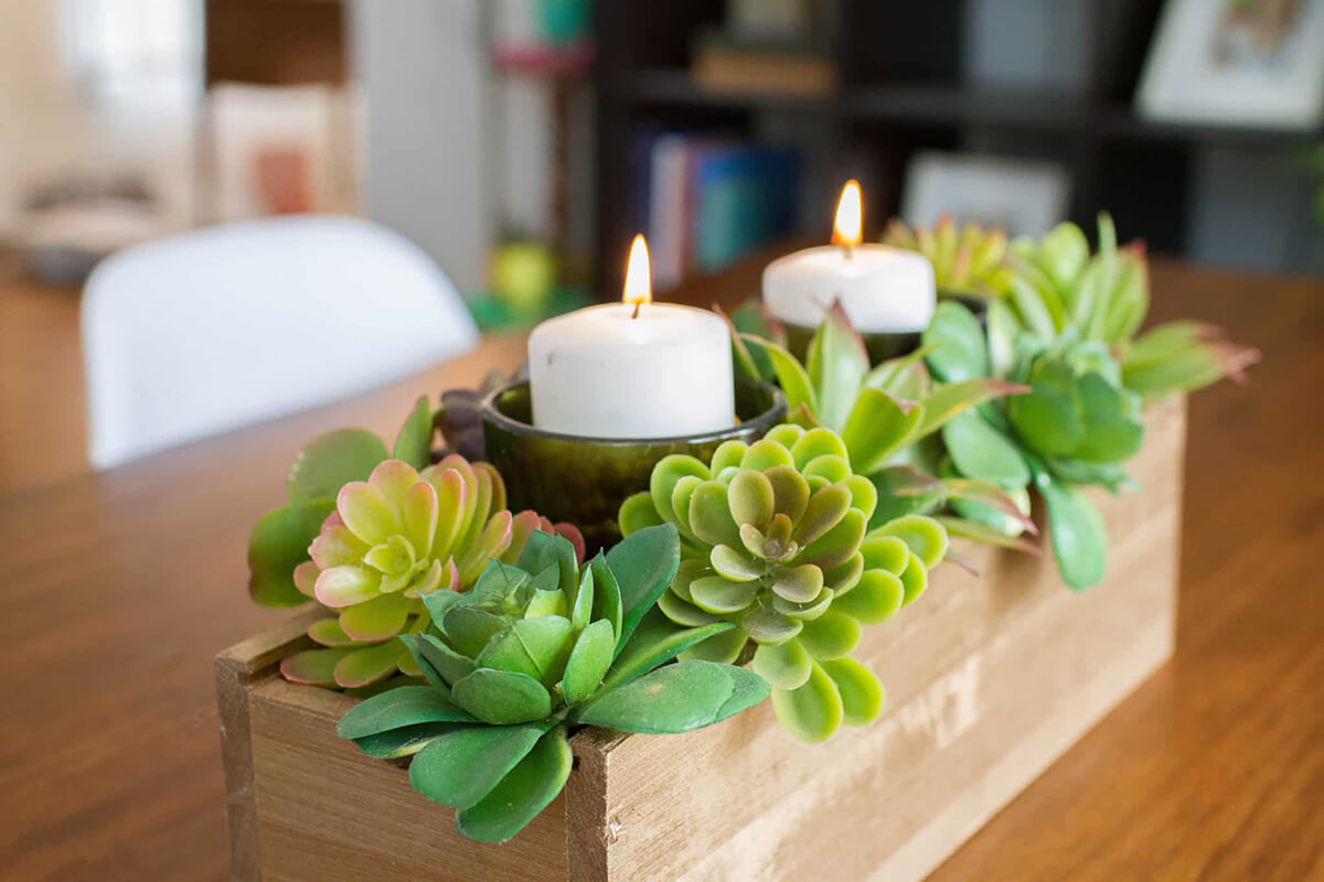 Dainty Wooden Box with Votives and Succulents