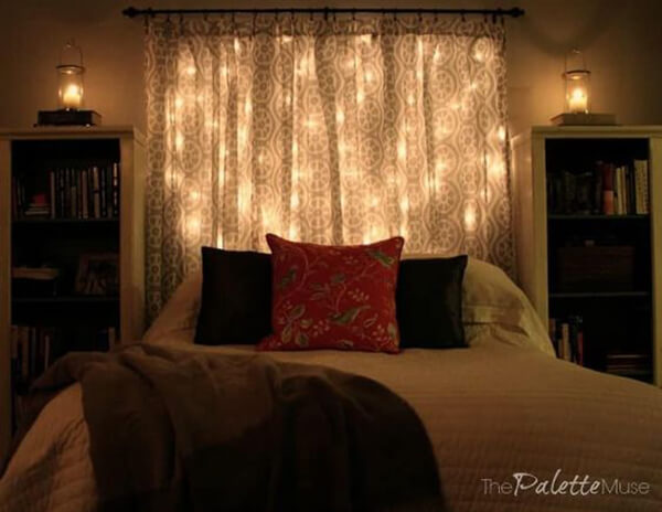 Awesome Dreamy Light-Up Headboard from String Lights and Curtains