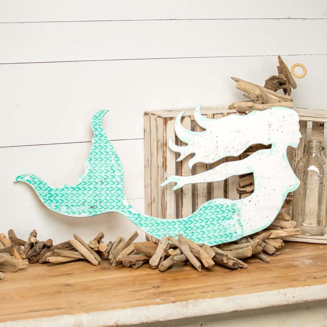 Aqueous White and Blue Mermaid Signboard Décor