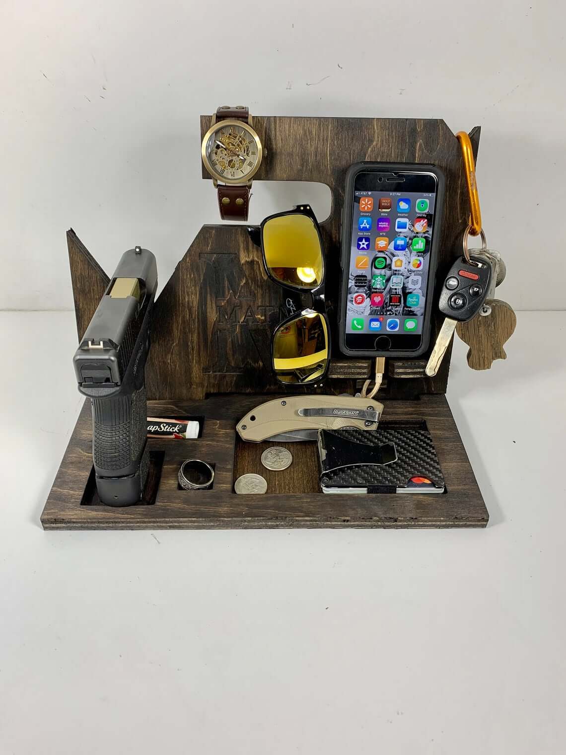 Engraved Wooden Bedside EDC Dump Tray