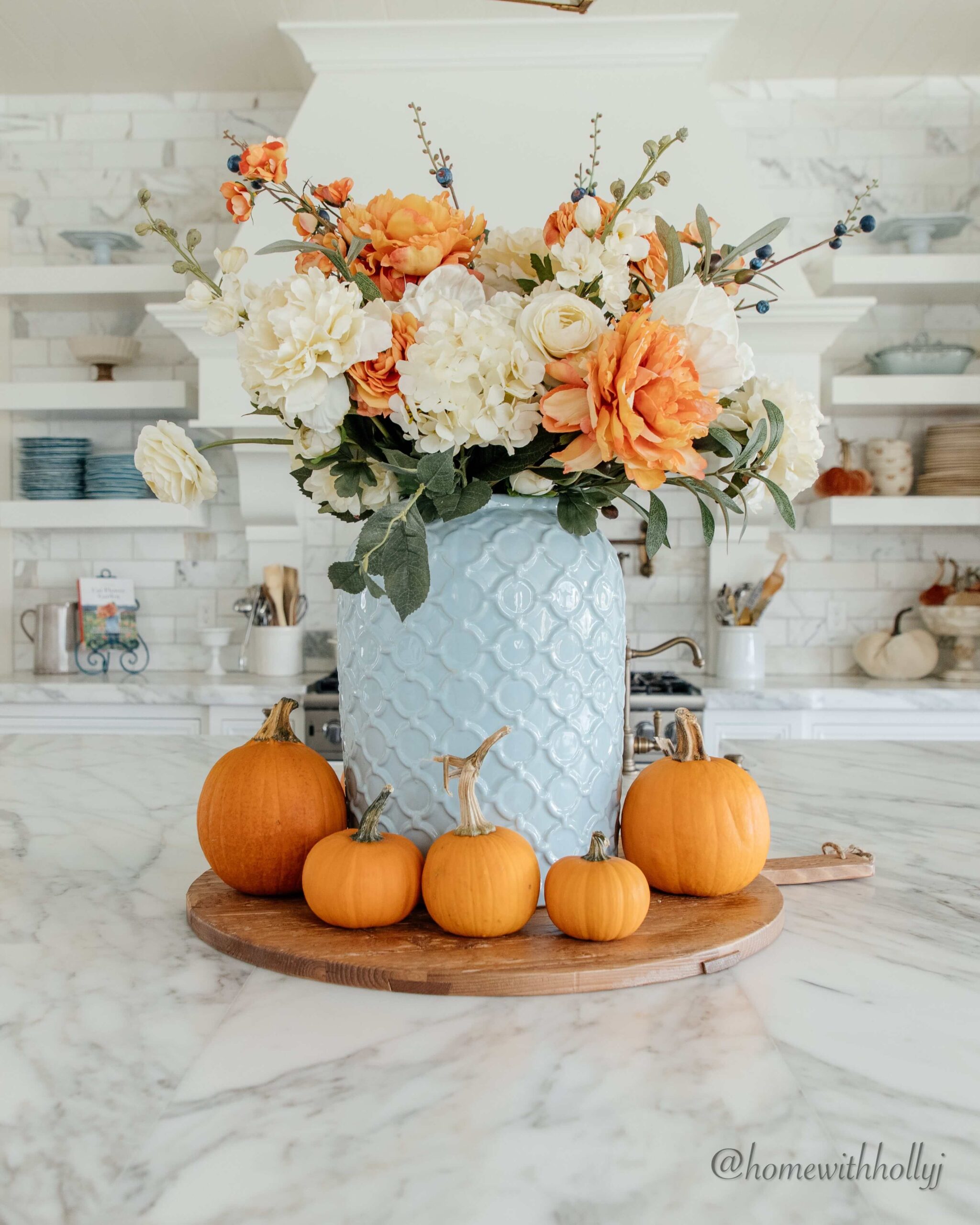 Lush Country Flowers in Muted Blue Vase