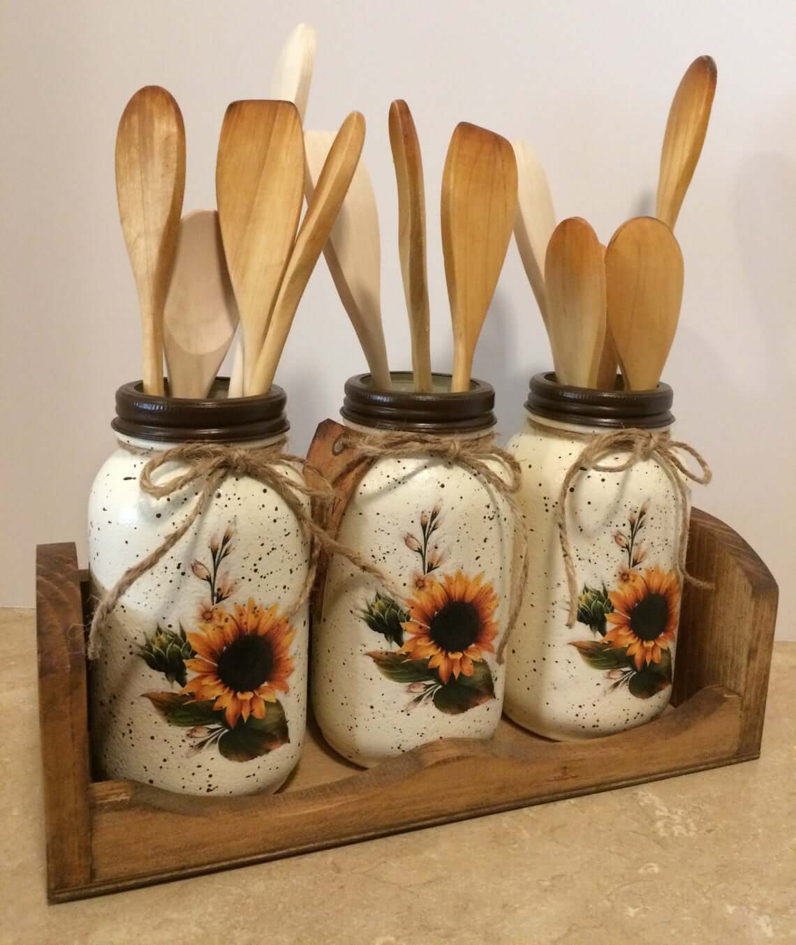 Rustic Sunflower Farmhouse Utensil Holder Mason Jars