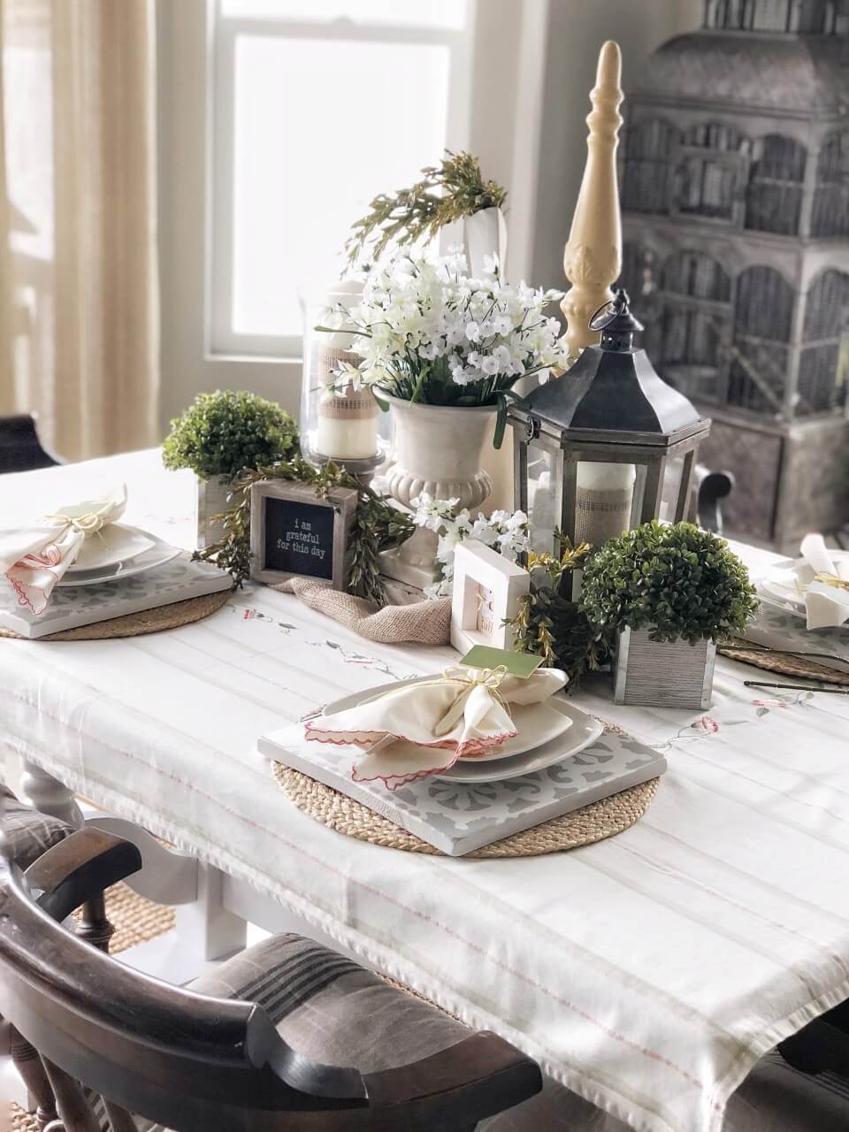 Blooming Tablescape with Wooden, Stenciled Chargers