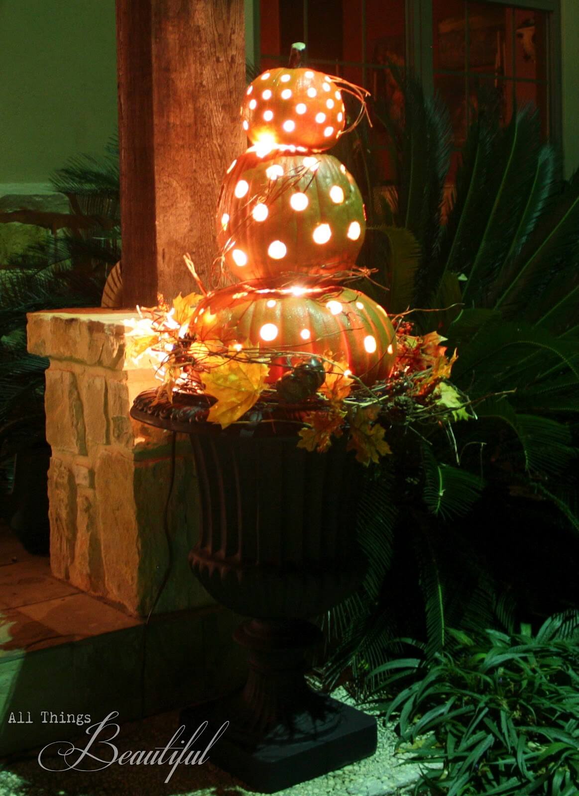 Pretty Pumpkin Porch Topiary with Lights