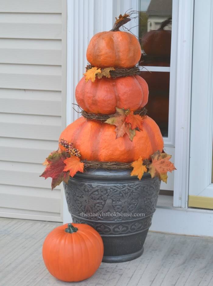 Faux Pumpkin Triplet Topiary Outdoor Decor