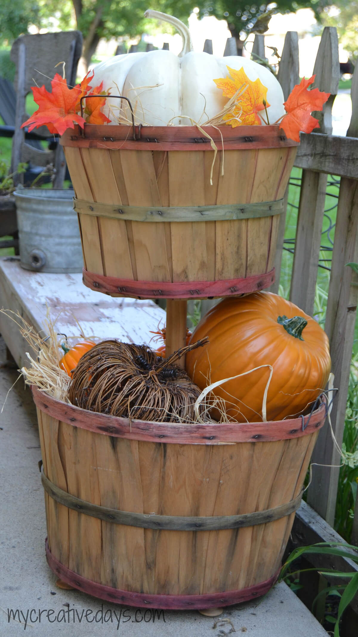 Fall Bushel Basket Tower of Pumpkins