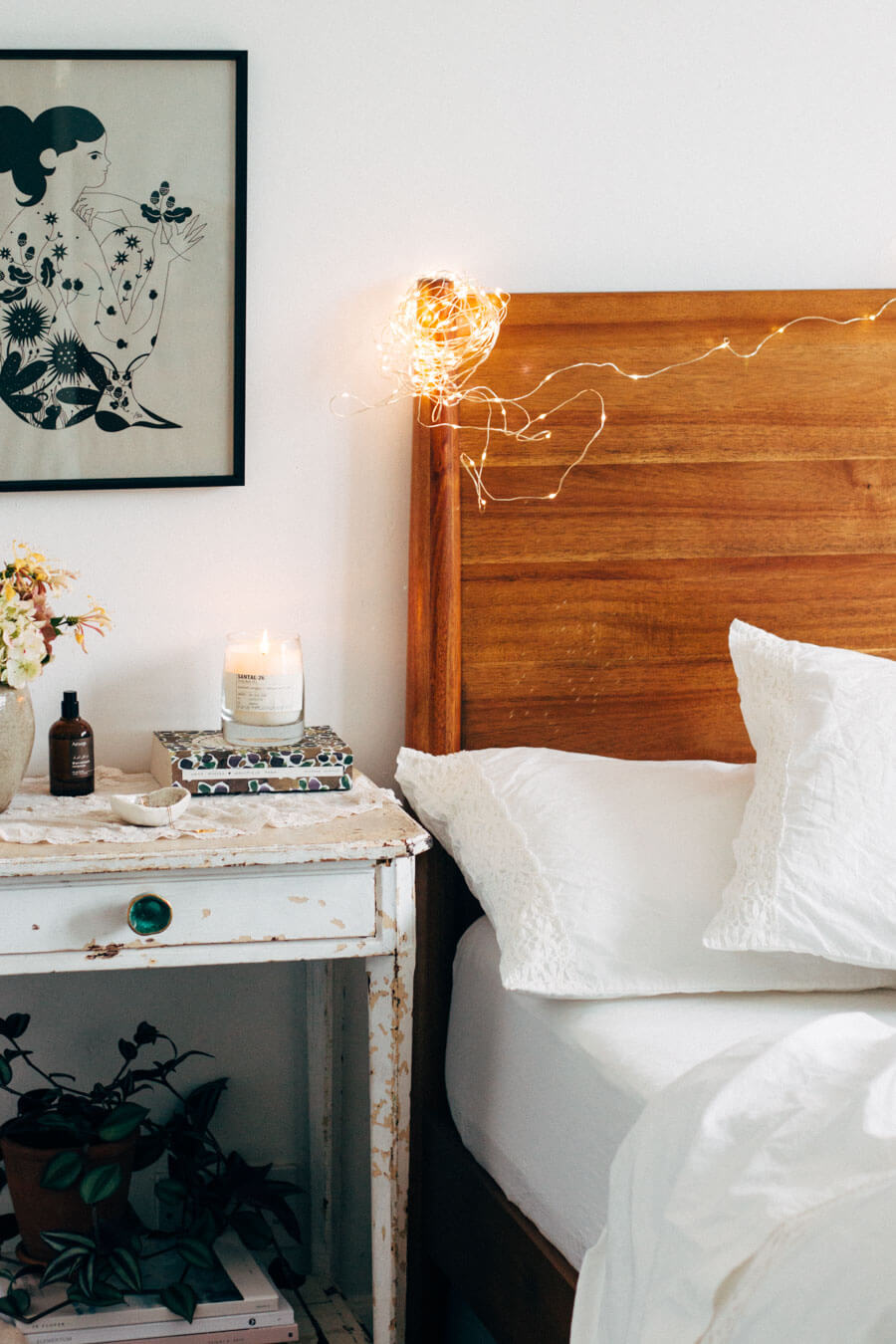 string lights on headboard