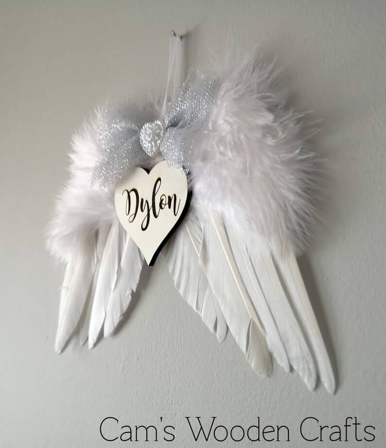 Personalised Memorial Angel wings with halo Decoration Mirror Perspex Tea Light Candle Holder