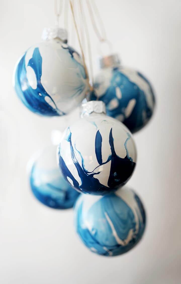 Indigo and White Marbled Christmas Ornaments