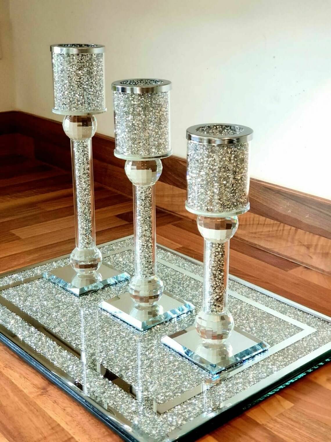 Tier Silver Crystal Filled Candle Holders