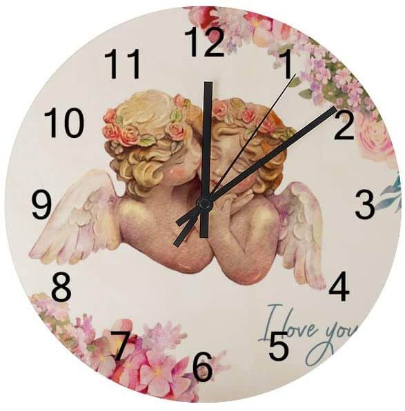 Wooden Watercolor Angels and Floral Wall Clock