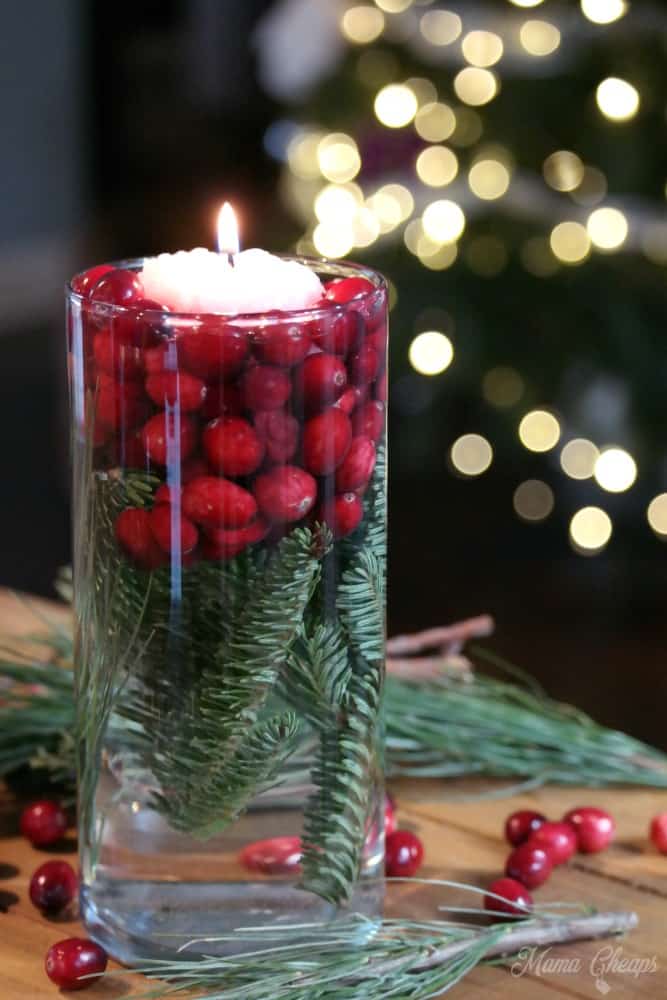 Floating Votive Cranberry and Evergreen Centerpiece