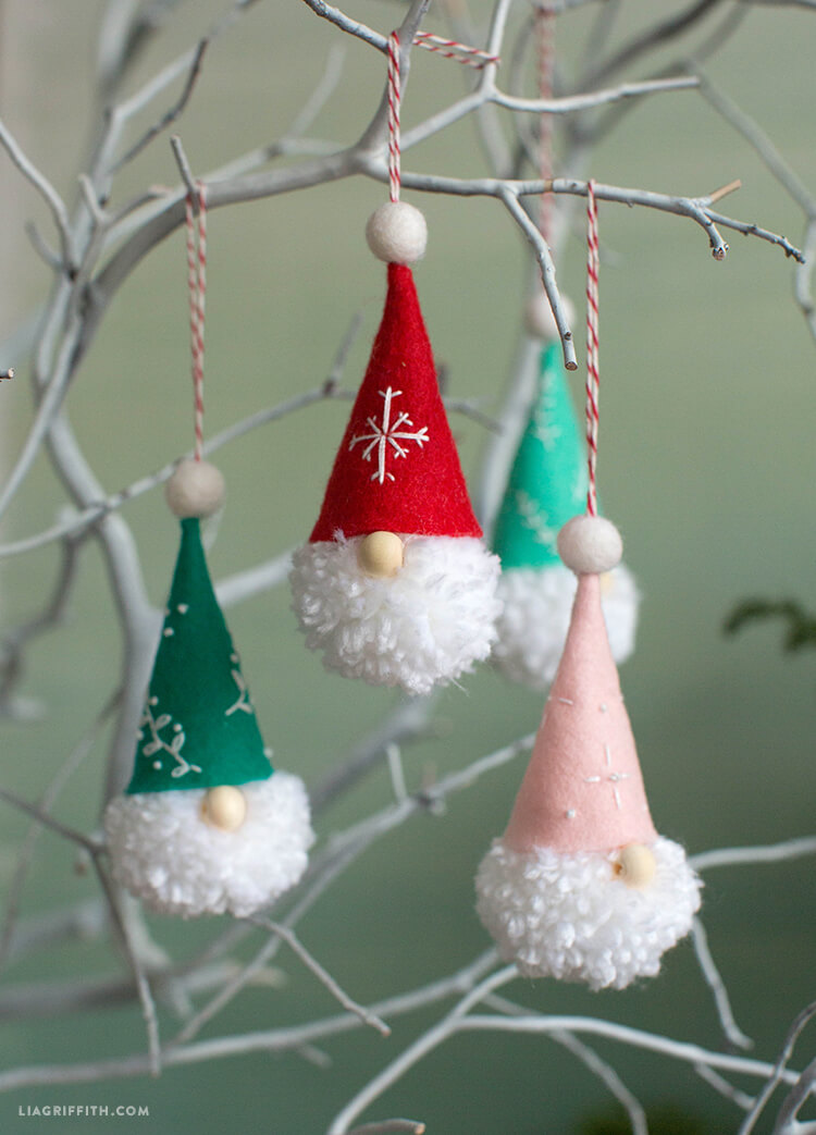 Minimalist Santa Gnome Pom-Pom Ornaments