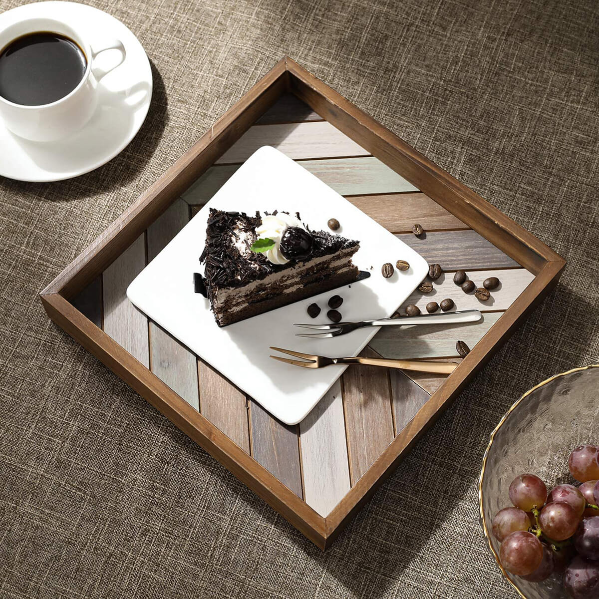 Neutral-Colored Wooden Chevron Serving Tray