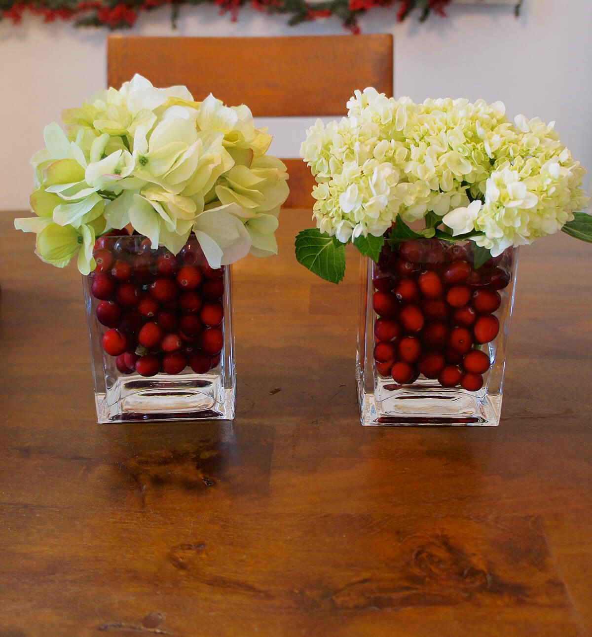 Cranberry Christmas Centerpiece with Hydrangeas