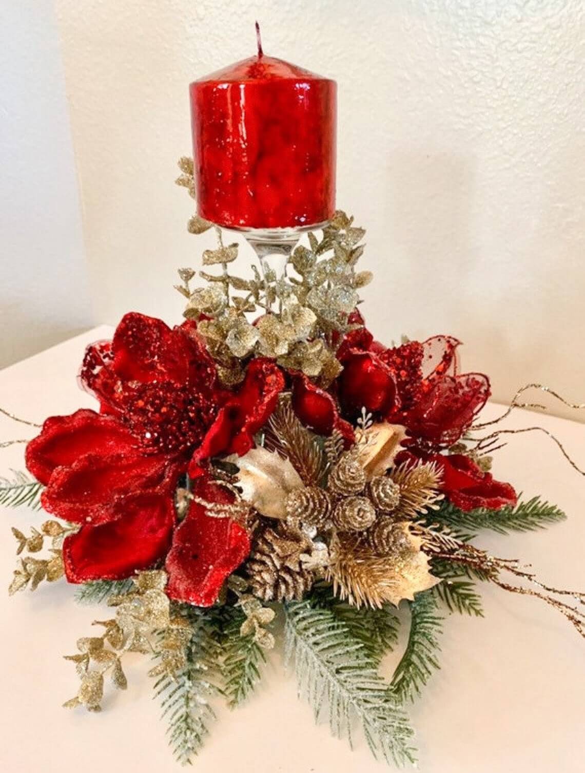Rich Red and Gold Magnolia Candle Centerpiece