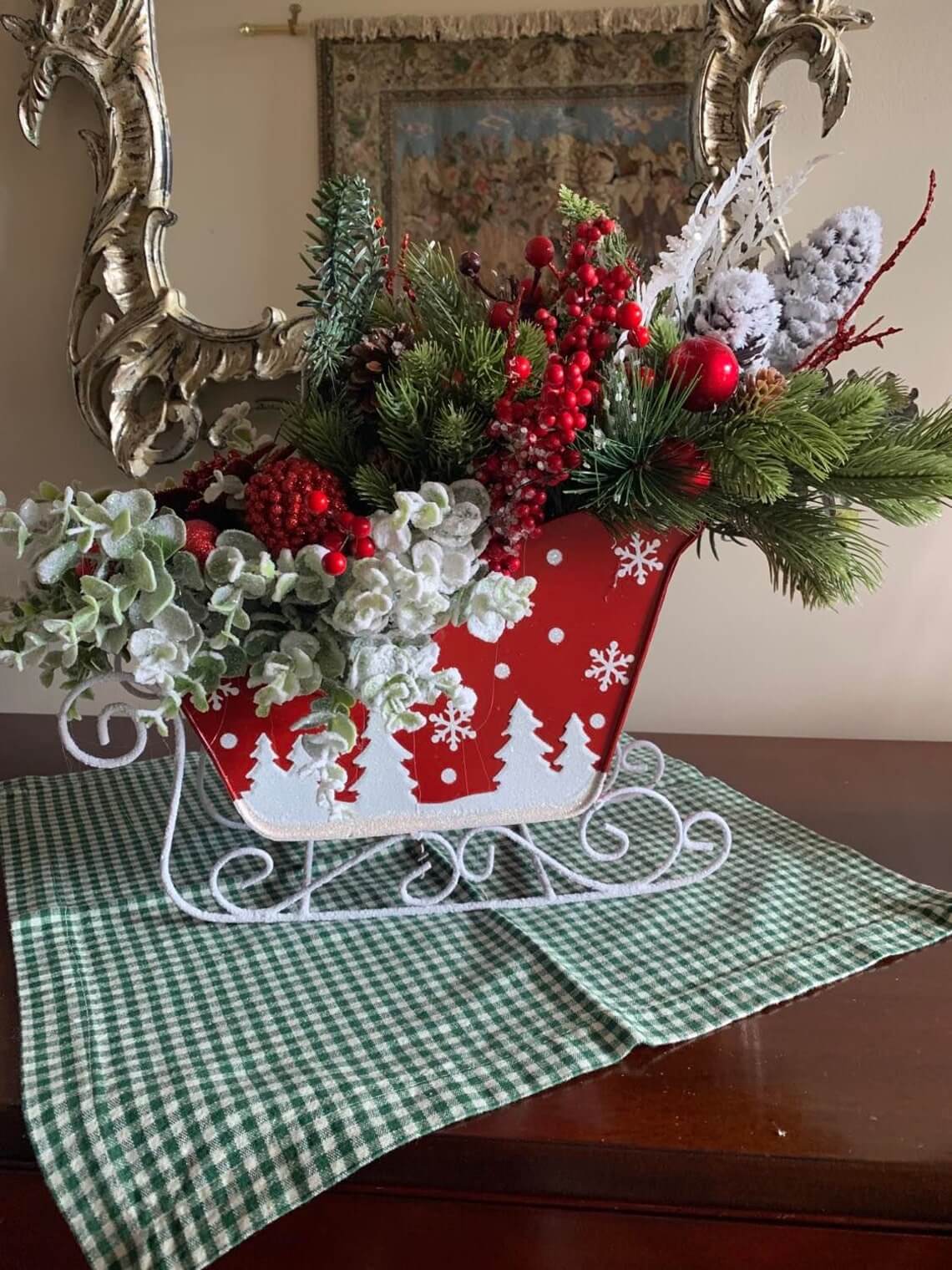 Santa's Sleigh Red and White Christmas Centerpiece